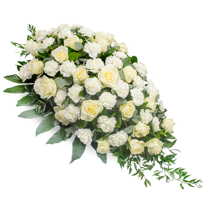 The image shows a luxurious white funeral spray, photographed against a pure white backdrop so that every petal, leaf, and gentle curve stands in clear relief. Arranged in a classic teardrop or elongated crescent, the spray is deepest and most mounded at the upper left, then narrows gradually to a refined point at the lower right. A generous collection of white and soft cream roses forms the heart of the design, their velvety petals spiralling outwards in intricate layers. Some roses are in tight bud, symbolising tenderness and beginnings, while others are fully open, suggesting the fullness of a life remembered. Between these larger blooms, clusters of frilly white carnations introduce a soft, cloud-like ruffle, adding texture and a sense of quiet abundance. Surrounding and supporting the flowers, a tapestry of green foliage creates depth and structure: broad, dark green leaves give the spray its outline, while muted, silvery eucalyptus leaves and fine stems of ruscus thread through the composition, offering cooler highlights and trailing accents. These greens extend from the narrower end of the spray, guiding the eye along its length and emphasising the natural, flowing form. The overall mood of the piece is one of tranquility and sincere respect, well suited to a funeral or memorial service serving families across Mill Hill, from the open spaces of Arrandene to homes near Mill Hill East. Crafted with clear attention to proportion and detail, the arrangement would sit beautifully atop a casket or on a stand by the altar, offering a refined and comforting expression of sympathy in moments when gentle beauty can speak more kindly than words.