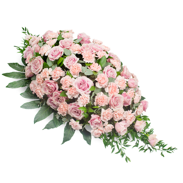 Against a crisp white background, a beautifully composed pink funeral spray stretches diagonally across the frame, designed in the familiar teardrop style often chosen for casket tops and chapel displays. The arrangement begins with a generous cluster of blooms at the top left, where soft pink roses dominate. These roses vary from fully opened flowers with wide, layered centres to more modest, partially closed buds, creating a pleasing rhythm and a sense of life's different stages. Interwoven among them are light peach-pink carnations, each head made up of countless frilled petals that lend a soft, almost cloud-like texture. The carnations fill the spaces between the roses, making the spray look rich, abundant, and gently cushioned. Encircling the flowers is an array of deep green foliage. Broad, slightly glossy leaves form a substantial foundation, while finer, elongated leaves and delicate, ferny sprigs trace the outline of the teardrop, particularly at the pointed tip, where they trail outward in a graceful, tapering line. The pastel blossoms and dark greenery sit in harmonious contrast, evoking the tranquil, open feel of Mill Hill's green spaces, from Mill Hill Park to the views over the Ridgeway. The overall effect is calm, respectful, and tender, perfectly suited to expressing sympathy and remembrance at a funeral or memorial. It is the style of affectionate tribute a family from Mill Hill or nearby Brent Cross might choose, whether for a traditional service or a quieter farewell, reflecting both love and gratitude for a life well lived.