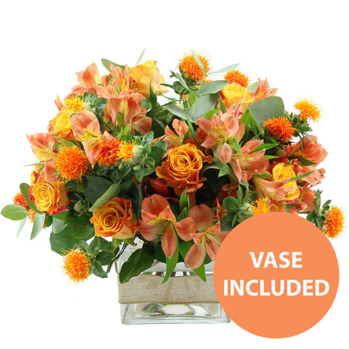 A lush, autumn-hued flower arrangement is captured against a clean white background, the vivid colours and clear lines making each detail easy to pick out, as if a Mill Hill florist has just finished setting it up for a photograph. The design centres on several prominent orange roses, their velvety petals unfolding in full spirals that shift from deep orange at the outer edges to softer, almost golden tones nearer the centre, giving each bloom a sense of depth and warmth. Interspersed with these are bright yellow garden roses, more compact and dome-shaped, their many tightly layered petals creating a plush, cushiony appearance that adds structure to the bouquet. Woven between the roses are airy sprays of peach and light orange alstroemeria; these Peruvian lilies display slender, gently curved petals lightly brushed with tiny stripes and speckles, adding a delicate, painterly touch. Dotting the arrangement, small spherical flowers with intensely spiky orange heads, reminiscent of safflower or thistle, rise from the greenery, introducing a striking texture that plays against the softness of the roses. The bouquet is wrapped in a collar of foliage: broad, silvery eucalyptus leaves mingle with deeper green fillers, providing a cool, verdant contrast that makes the warm flowers seem to glow. All the stems are anchored in a clear, square glass vase, its straight edges and visible waterline suggesting freshness and careful preparation. Around the vase's centre, a band of natural beige burlap is wrapped neatly, its slightly coarse weave lending rustic charm that would complement homes near Mill Hill East station or along local tree-lined avenues. In the lower right corner of the image, a vivid orange circular badge with white capital letters declares VASE INCLUDED, making it clear that this radiant, ready-to-display bouquet is offered as a complete floral gift, suited to celebrations, thank you messages, or bringing a touch of seasonal warmth indoors.