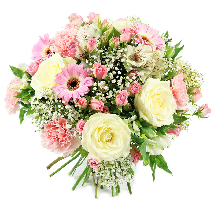 This image shows a beautifully composed, round bouquet of mixed flowers resting against a simple, bright white background, the kind of elegant arrangement you might send to a family home overlooking Mill Hill's rolling green spaces. Dominating the design are several large cream roses, fully open with generous, layered petals that showcase a classic, timeless beauty. Nestled between them, petite pink spray roses appear in clusters, with buds and small blossoms at varied stages of opening, which introduce a lively, textured rhythm and a deeper rose hue to the composition. Scattered throughout are bold pink gerbera daisies, identifiable by their wide, flat petals radiating from rich brown, slightly textured centres, offering cheerful bursts of colour amid the softer pastels. Light pink carnations form soft, ruffled cushions of petals, expanding the bouquet outward and adding a plush, romantic touch, as if each bloom were carefully fluffed by hand. Among these main flowers, white alstroemeria blooms provide a graceful counterpoint, their narrow petals and understated reddish-brown striping inside each throat adding subtle intricacy and refinement. A generous smattering of delicate white gypsophila winds its way through the stems, the tiny flowers forming a fine, airy cloud that fills any gaps and enhances the bouquet's sense of fullness without overwhelming the eye. Hints of fresh green foliage appear around the edges and toward the base, grounding the pastel palette and bringing to mind the hedges and gardens that characterise much of Mill Hill. The stems are neatly gathered and tied at the bottom, showing the hand of an experienced local florist, and the bouquet radiates a feeling of gentle celebration and heartfelt care, ideal for birthdays, anniversaries, thank-you gestures, or simply brightening a living room on a quiet NW7 afternoon.