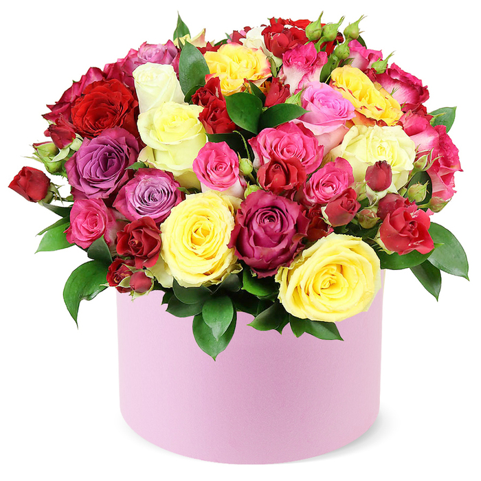 A lavish, multi-colored bouquet of fresh roses fills a round, soft pastel pink gift box, the dense dome rising above the rim. The palette reads like a celebration: bright crimson, sunny yellow, fuchsia, pink, magenta, lavender, and creamy white; each bloom is set against glossy dark green leaves that peek through the petals, lending a botanical glow to the display. The heavy fragrance of roses would mingle with a hint of spring rain in the air.

The arrangement feels meticulously crafted yet exuberant. Large, fully opened roses give drama, while smaller spray roses and tight buds nestle in between, creating depth and rhythm. The box's matte finish offers a chic counterpoint to the riot of colour, letting the bouquet glow with modern elegance rather than flashy exuberance. A subtle satin sheen covers the petals, catching the light and inviting a closer look.

Locally, this opulent bouquet marks milestones in Mill Hill and the surrounding NW London neighbourhoods. It rests against a crisp white backdrop, showcasing the craft that goes into every petal. Ready for same-day delivery across Mill Hill Broadway, Hendon, Finchley, and nearby streets, the piece arrives fresh and ready to bring joy to birthdays, anniversaries, or celebrations, a generous gift that speaks of care and good taste-crafted for the community by a trusted local florist.