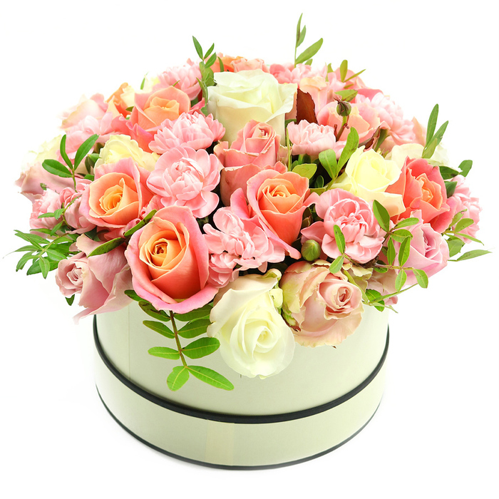 A luxurious, densely packed bouquet fills a round, cream-coloured hatbox whose matte surface is accented by two slim dark bands that frame the composition with quiet sophistication. Set against a bright white field, the flowers read with crystalline clarity: many large roses present a warm, layered palette - coral-peach and apricot at the centres fading outward to soft blush pink and creamy ivory on the outer petals - their velvety surfaces catching subtle highlights and shadow. Interleaved among these are clusters of small, ruffled light-pink carnations that add a plush, feathery texture and gentle movement across the domed mass of blooms. Sparse sprigs of fresh green foliage with small elongated leaves rise between the flowers, providing cool contrast and the suggestion of a sunlit garden breeze. The arrangement is tightly composed, each bloom placed to create depth and a rounded silhouette, while the soft lighting evokes an early-summer morning in Mill Hill Village or a calm moment near The Ridgeway. The overall impression is one of considered elegance and handcrafted care, perfectly suited to occasions that call for warmth and refined taste - birthdays, anniversaries, Mother's Day, or a sincere expression of gratitude - offering both visual richness and a delicate powdery fragrance that invites a quiet, affectionate pause.