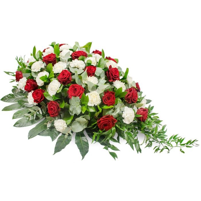 This image presents a dignified sympathy spray arranged in a horizontal, gently curved shape, photographed against a clean white background that accentuates its form and colour. The left side of the arrangement is full and generously mounded, then gradually softens and narrows to a fine, trailing point on the right, as if the flowers themselves are bowing in farewell. Throughout the spray, deep red roses rise from the greenery, their petals tightly furled and velvety, carrying a sense of profound love, loyalty, and sorrow. Interspersed with them are numerous white carnations, each bloom layered with ruffled petals that create a soft, cushion-like texture, suggesting purity, remembrance, and gentle comfort. The interplay between the intense reds and the calm whites is both striking and soothing. Underneath, a bed of lush foliage supports and frames the blooms. Broad, dark green leaves provide a strong structural base, while muted silvery-green eucalyptus leaves weave through the piece, adding subtle highlights and a cool, calming tone reminiscent of an early morning along Mill Hill's quiet residential streets. From the right side, slender stems of lighter green foliage extend outward and drape delicately, giving the spray a natural, cascading finish that adds movement without disturbing its overall poise. The low profile and elongated shape indicate that this is a casket spray or significant funeral tribute, the sort of piece often chosen for services and memorials in the Mill Hill area. It appears carefully crafted, with each flower placed thoughtfully, as though a local florist understands the need for both beauty and restraint in times of grief. The arrangement conveys sympathy, respect, and a lasting farewell through its balanced, heartfelt design.