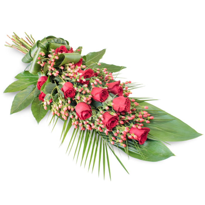 This beautifully arranged funeral spray is photographed on a pristine white background, positioned diagonally so that the bound stems sit at the upper left and the tapering foliage trails gracefully towards the lower right. The composition is dominated by a generous collection of red roses, their petals velvety and saturated with colour. The blooms vary in stage, from tight buds with only a hint of red showing, to partially open roses revealing spiralling centres, to full, open flowers whose layered petals create a sense of fullness and tenderness. Woven throughout the roses are plump clusters of Hypericum berries, their small, spherical forms a pinkish-red to coral tone that softens the boldness of the roses and adds intricate texture. The flowers are nestled into a base of deep green foliage that structures the spray: broad, glossy leaves-similar to Ruscus or Salal-form a dark, supportive backdrop, while finer greenery and slender stems bring lighter detail at the edges. Delicate palm fronds drift from the lower right, with thin, feathery leaves that stretch beyond the main body of the arrangement, lending a sense of movement and a slightly elongated silhouette, almost like a leaf or a gentle flame. At the top left, the stems are bound and hidden beneath a smooth wrap of folded green leaf, giving the design a cohesive, natural finish without any visible mechanics. The lighting is soft and neutral, bringing out the depth of the reds and the gloss of the green foliage with no harsh shadows. Created by local florists in Mill Hill, not far from Mill Hill Broadway station and the surrounding leafy avenues, this classic spray offers a touching way to honour a loved one at a funeral or memorial, bringing warmth, respect, and quiet beauty to the service.
