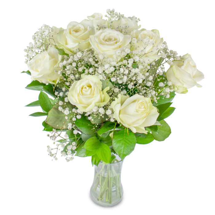 This bouquet reads like a quiet love letter: a harmonious ensemble of about a dozen creamy white roses cushioned within a halo of airy baby's breath, composed against an immaculate white field that keeps attention entirely on texture and tone. Each rose presents its own personality-some unfolding broadly into open cups of layered petals, others holding a shy, clasped form-with petal surfaces that hold a soft, almost satiny sheen and a faint ivory blush at certain edges. The gypsophila punctuates the arrangement with innumerable tiny blossoms, creating an effect similar to starlight or a gentle mist, lifting and feathering the overall silhouette. Beneath and between the flowers, lush green foliage provides structure and counterpoint: leaves that range from deep bottle green to a pale lime, their shapes and veins adding a natural architecture to the soft cloud above. The clear glass vase is deliberately simple, displaying trimmed stems and clear water which signal care and the transient freshness of cut flowers. The lighting is neutral and forgiving, the kind you find in a bright front room or florist studio, which renders the whites true and the greens vivid. This is an arrangement suited to milestone moments-weddings in a small church near Mill Hill Parish, a significant anniversary luncheon, or a quiet remembrance at a local chapel-offering a composed, elegant presence rather than exuberant cheer. The scent is discreet, a fresh, green whisper that invites reflection; as a practical note, such a bouquet carries an artisan's touch and the calm confidence of a neighbourhood florist familiar with Mill Hill's thoughtful rhythms.