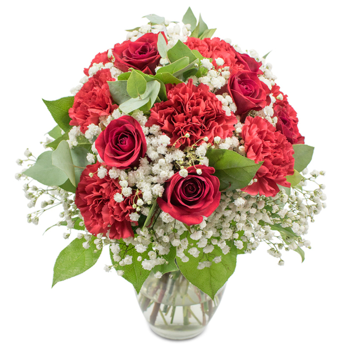 A classic red and white bouquet rises elegantly from a simple clear glass vase, set before a brilliant white background that throws every flower, leaf, and stem into sharp relief. At the heart of the composition are velvety red roses, their petals twisting inward in tight spirals that convey depth, passion, and refined beauty. Clustered closely around them are richly coloured red carnations, their numerous ruffled petals forming soft, cushion-like blooms that give the arrangement a plush, full-bodied appearance. Intertwined among these striking reds is an abundance of white baby's breath, tiny star-shaped blossoms gathered into airy clusters that float between the larger flowers, diffusing the intensity and adding a gentle, cloud-like lightness. Complementing the blooms, dark green rose leaves and rounded eucalyptus sprigs in soft, grey-green tones provide structure and a natural, garden-fresh feel, echoing the calm greenery found around Mill Hill's quieter residential lanes. The bouquet is carefully shaped into a rounded dome, with no harsh edges, so it feels harmonious and complete from every direction, ideal as a table centrepiece in a Mill Hill living room or a romantic gift delivered to a home near Mill Hill Broadway. Through the clear sides of the vase, straight green stems can be seen immersed in clean water, hinting at the freshness of the flowers and the thoughtful work of the florist who prepared them. The overall impression is one of warmth, love, and celebration, making this design perfectly suited for anniversaries, Valentine's Day, or any special moment when you wish to express heartfelt emotion in Mill Hill with a timeless red and white arrangement.