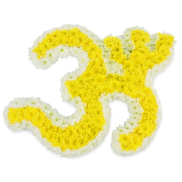 A radiant floral interpretation of the sacred Om symbol fills the scene, crafted with meticulous skill from countless yellow and white blossoms arranged against a seamless white background. The main body of the Om is composed of tightly packed golden-yellow flowers, likely chrysanthemums or marigolds, their rounded petals creating a richly textured, velvety surface along each curve and loop of the character. The yellow mass feels warm and alive, like a gentle glow resting in the centre of the frame. Surrounding this core, a carefully measured border of pure white flowers outlines the entire symbol, hugging every swooping line and subtle turn, including the iconic crescent and separate dot at the top. This white edging not only defines the shape with clarity but also adds an air of purity and reverence, as though the symbol were encircled in light. Soft yet bright lighting emphasises the contrast between yellow and white, illuminating the petals so that each individual bloom is distinguishable, yet together they form a single cohesive piece. There are no extra decorations, foliage, or props; the focus remains entirely on the Om and the craftsmanship behind it. You can almost picture this tribute being completed in a calm Mill Hill workshop, perhaps close to the quiet residential streets around Bittacy Hill, with the florist stepping back to check every line before delivery to a nearby temple or funeral home. The image conveys a strong sense of spiritual grounding and cultural respect, making it an especially fitting arrangement for a funeral or memorial service where the Om mantra holds deep personal and communal meaning, offering comfort through both beauty and symbolism.