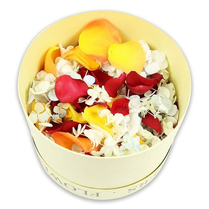 In this image, a round hatbox in a soft cream-yellow hue sits serenely on a flawless white background, its understated design allowing the beauty of the dried petals inside to tell the story. The cylindrical box appears to be crafted from sturdy paperboard with a matte finish, and along the upper edge a subtle debossed text hints at the word FLOWERS, suggesting a purpose-built container used by professional florists in Mill Hill for special tributes and keepsakes. The interior of the box is densely packed with a striking blend of rose petals and tiny florets, heaped slightly higher in the centre to create a natural mound. Deep crimson rose petals are the most prominent, their velvety texture and softly ruffled edges capturing the romantic, heartfelt side of remembrance. Threaded throughout are vibrant yellow petals that recall bright, clear days, and gentle peach-orange petals that feel like the warm glow of sunset over the nearby Mill Hill countryside. Between these larger forms, countless tiny white hydrangea-style blossoms are scattered, their small, paper-thin petals introducing lightness and a lace-like pattern that softens the bolder colours. Each petal shows subtle gradations of tone-from burgundy to ruby, lemon to golden amber-indicating careful, respectful drying. Photographed from a slightly raised angle, the arrangement reveals its textural depth, with overlapping layers of petals creating soft shadows and visual movement. This curated mix would be particularly fitting for funeral tributes, whether used as natural confetti to accompany a cortege through Mill Hill, as a surrounding bed for a memorial candle, or as a shared scattering blend for family and friends, offering a gentle and eco-friendly way to honour a loved one's memory.