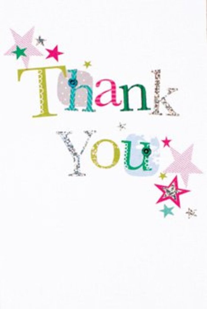 With a quietly exuberant charm, this thank you card emanates a sense of thoughtful artistry-mirroring the gentle elegance of Mill Hill's green spaces and its creative local spirit. Each letter of 'Thank You' is rendered with unique intention; some delight with whimsical polka dots and playful curves, while others are graceful with silvery edges, almost musical in their styling. Clusters of stars-striped pink, deep turquoise, or metallic silver-gather close to the message, bestowing a sense of cheerful blessing. The composition is light and modern, anchored by a flawless, bright white background that allows both the vivid palette and joyful accents to shine, reminiscent of the fresh simplicity seen in floral arrangements hand-tied at local boutiques. The mood achieves an understated sophistication, neither too formal nor too relaxed-an easy fit for all occasions, whether to accompany a gift or mark a milestone. This card promises to nestle perfectly alongside a beautifully arranged bouquet, radiating appreciation as warm and memorable as a visit to Mill Hill Broadway on a sunny afternoon.