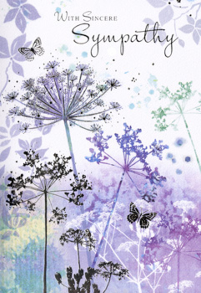 This sympathy card reveals a serene botanical scene, one that seems to echo the understated grace of Mill Hill's gardens and hedgerows at first light. Tall, willowy stems rise from the base of the card, each tipped with a cluster of tiny florets that form airy umbels, like miniature fireworks captured in slow motion. The blooms are painted in tones of muted violet, lavender blue, and gentle grey-green, their edges softened so that they appear to drift into the background rather than stand sharply against it. Behind them, the paper is washed in translucent layers of purple and blue, blending seamlessly into one another, with the faintest suggestion of blurred foliage adding depth. A pair of butterflies hovers just above the blooms, wings partly transparent, as though they are caught in a beam of soft, diffused light. Their presence introduces a subtle sense of movement and hope, without disturbing the card's overall stillness. The lighting across the illustration is low and even, reminiscent of an overcast day when colours become richer yet quieter, encouraging reflection. Negative space is carefully preserved, so the composition never feels crowded; instead, it leaves emotional room, much like a silent pause during a heartfelt conversation in a Mill Hill home. As a florist used to arranging gentle farewell flowers for local services and memorials, I recognise how this design respects the weight of grief. It offers not a bright distraction, but a calm, visually tender companion to your condolences, allowing the recipient to feel seen, supported, and gently held in thought.