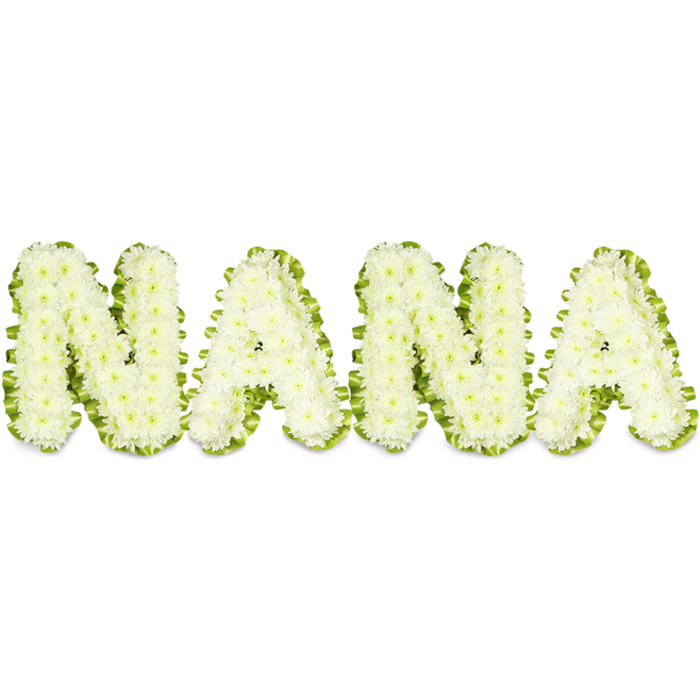 A clear, reverent tribute spells NANA in large, three-dimensional letters, each letter constructed from rows of pristine white button chrysanthemums packed tightly until the surface appears velvety and continuous. The small disc-like flowers form a remarkably even, textured plane that nevertheless retains the delicate individuality of each floret: edges that catch light, tiny shadows between blooms, and a tactile softness you can almost feel. Around the perimeter of every letter a bright green border of foliage or pleated ribbon has been applied with precision, the fresh green acting like a living outline that makes the white letters read with crisp clarity against the stark white background. The bright, even studio lighting accentuates the sculptural depth, revealing the slight curvature of the letters and the careful craftsmanship in the way each chrysanthemum is placed for maximum impact. This arrangement reads as a deeply respectful memorial for a grandmother - suitable for a chapel service, viewing, or graveside display - its traditional white-and-green palette evoking purity and renewal. Local families in Mill Hill, from the Broadway area to Mill Hill East, often select such pieces when they seek something both personal and easily legible at a distance. Prepared with attentive handling and timely delivery, this floral name tribute reflects the steady workmanship of a neighbourhood florist; Flowers Mill Hill supplies similar memorials for services at nearby churches and funeral homes, matching scale and finish to the venue and family wishes.
