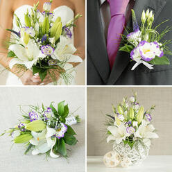 This four-image collage captures a cohesive wedding palette of white and purple, composed with the thoughtful restraint of an experienced florist. In the top-left image a bride cradles a generous bouquet where fragrant white oriental lilies take centre stage, some unfurled to reveal their stamens while others remain coyly half-closed. Nestled among them are white lisianthus (Eustoma) whose petals are softly rimmed in a lively purple, the contrast creating a painterly edge that draws the eye. Tiny unopened buds and slender, feathery grasses lend a feeling of future bloom and natural movement. At top-right the groom's boutonniere is scaled down but precise: a single open purple-edged lisianthus, a neat lily bud, a short spray of spiky deep-purple veronica and slim green accents, secured beneath a charcoal jacket lapel with a crisp white ribbon and a coordinating purple silk tie showing beneath. Bottom-left shows a compact bridesmaid's bouquet laid horizontally on a tactile beige cloth, stems wrapped in white ribbon to emphasise its hand-tied construction. Bottom-right features a tall, airy centerpiece in a contemporary white spherical vase with woven open-lattice detailing; the arrangement rises with white lilies, purple-edged lisianthus, spiky purple fillers and cascades of leafy greens and grass-like fronds, accompanied by two woven beige decorative spheres on the table. The light is soft and affirming, the scent quietly floral; this is an ensemble that would sit beautifully on a Mill Hill reception table, reflecting calm elegance and thoughtful craftsmanship.