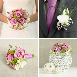The image shows an elegant wedding flower pairing that feels perfectly suited to a Mill Hill ceremony: a lush bridal bouquet accompanied by a tailored boutonnière. The bouquet is compact yet abundant, shaped into a pleasing, rounded dome that settles naturally into the hands. At its heart are mauve-pink roses, their petals blush-soft and gently curled at the edges, creating a layered, almost watercolor effect where lavender, rose, and cream tones blur together. Between the roses, bright green button chrysanthemums pop like little jewels, offering a crisp, contemporary contrast that keeps the design lively. Creamy white lisianthus and similar soft blooms weave through the arrangement, their frilled petals adding airy volume without heavy bulk, as though the flowers have been gathered at first light in a quiet Mill Hill garden. Slender greenery curves gracefully between blossoms, introducing height and subtle movement. The stems are bound in a detailed ribbon wrap-likely smooth satin in pale pink and white-precisely finished so there are no visible pins or rough edges, comfortable enough for a bride to carry through hours of photographs around Mill Hill Park or near The Ridgeway. Gentle light bathes the bouquet, catching on the edges of the petals and giving them a dewy, fresh-cut look, as if they have just been delivered by Flowers Mill Hill. Beside it, the boutonnière offers a refined counterpoint: a singular white lisianthus or rosebud, trimmed with airy grasses and a small touch of lavender ribbon that mirrors the bouquet. The overall effect is harmonious and intentional, an understated expression of joy and hope on a couple's wedding day.