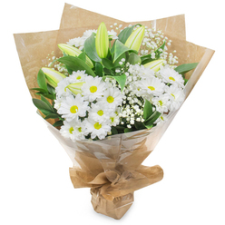 This hand-tied arrangement, photographed upright against a plain white field, is composed with the understated confidence of a seasoned florist: a dense cluster of bright white chrysanthemums, shaped like daisies with crisp petals radiating from soft yellow centers, provides a lively, cheering core. Interspersed among those blooms are several slender lily buds in a pale green-yellow hue-some showing faint striping-each bud a gentle promise of blossom yet to come, introducing an elegant vertical movement to the rounder chrysanthemum heads. Wisps of gypsophila weave through the bouquet, their tiny white blossoms creating a clouded, delicate texture that lifts and lightens the composition. Dark, lustrous foliage frames and deepens the palette, creating contrast so the white flowers read as luminous. The florist has wrapped the stems in an inner layer of natural, crinkled kraft paper that gives a rustic, village-market charm, then added a clear cellophane outer sheath for protection and shine; the paper is neatly gathered and tied at the base, forming a practical stand for the bunch. The ensemble evokes a soft, clean fragrance-fresh cut stems and a hint of rain-kissed grass-and radiates an air of gentle optimism and solace alike. In Mill Hill Village or along Bittacy Hill, customers often choose this composition for sympathy, new babies, or thoughtful celebrations; its restrained palette and careful textures convey sincerity and the attentive touch of a local florist who knows how small gestures can comfort and delight.