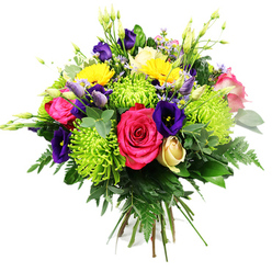 This exuberant hand-tied bouquet, photographed against a pure white background, feels like a bright burst of life arriving at a doorstep near Mill Hill Broadway. The arrangement is densely rounded yet thoughtfully balanced, with several hot pink roses at the heart. Their petals are plush and velvety, unfurling in generous layers that instantly draw attention. Around them, lime green spider chrysanthemums offer a playful, modern twist; each flower is a starburst of thin, elongated petals radiating outward in a vivid chartreuse display that adds tremendous texture. Deep indigo and royal purple lisianthus weave sinuously between the brighter blooms, their bell-shaped flowers and elegant buds lending sophistication and depth, like shadows in a colourful garden. Bright yellow gerbera daisies intersperse the composition, their bold, circular faces and textured centres shining like drops of sunshine over Mill Hill's leafy streets. Nestled among these, a single cream to pale yellow rose bud remains tightly wrapped, suggesting quiet romance and new beginnings. Smaller light pink and lavender filler flowers soften the transitions between bold hues, while upright green buds and stems contribute a sense of upward movement and natural growth. The surrounding foliage is abundant and varied: lush dark greens, feathery fern fronds, and smooth, eucalyptus-like leaves create a deep, verdant backdrop that allows the vivid colours to stand out. The neatly bound stems at the base show this is a hand-tied bouquet, ready for a favourite vase in a Mill Hill living room or office. The design radiates joy and celebration, perfect for marking birthdays, anniversaries, promotions, or simply brightening someone's day with fresh local blooms, thoughtfully arranged and ready for same-day delivery across the area.