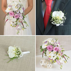 Collage of four wedding floral designs that together tell the story of a romantic Mill Hill celebration, all harmonised around white orchids, pink roses and soft lavender tones. In the top left image, the lower half of a bride is framed in her white lace gown, holding a lush cascading bouquet that spills gracefully over her hands. White phalaenopsis orchids, each with a gentle yellow centre, mingle with blush garden roses, pale lavender stock, frothy baby's breath and abundant greenery, with darker pink, almost fuchsia spikes lending a confident accent. The bouquet trails in a loose waterfall, suggesting movement down the aisle of a local Mill Hill church. In the top right, the camera focuses on the groom's chest: a dark suit jacket, a vivid red tie and a patterned shirt, all anchored by a single white orchid boutonniere. The orchid is paired with baby's breath and slim green shoots, its stems tidily wrapped in white satin ribbon so it looks crisp and polished for photos taken around Mill Hill Broadway or nearby gardens. The bottom left frame isolates that boutonniere, laid on light beige textured fabric, revealing the florist's careful wiring, ribbon work and balance of flower to foliage. Finally, the bottom right frame reveals the matching table centerpiece, placed on a clean white surface in a white lattice-patterned vase. It overflows with the same orchids, blush roses, lavender stock, gypsophila and greenery, punctuated by deep pink spikes, and accompanied by two white woven decorative spheres. Together, the four images capture a cohesive, elegant wedding flower suite, ideal for a reception in one of Mill Hill's charming venues.