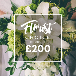 This Florist Choice bouquet feels like stepping into a tranquil spring garden as seen from Mill Hill. Billowing white lilies stand tall and pure, their petals unfolding with a serene confidence, while surrounding blossoms-soft-white and multi-petaled-provide generous volume and a gentle, cloud-like texture. Lime-green accents sparkle through the arrangement, evocative of Green Trick dianthus or pale hydrangea heads, and the darker green leaves weave through the stems to anchor the design. The bouquet is loosely gathered rather than stiff, giving it a relaxed yet sophisticated personality, ideal for weddings, anniversaries, or thoughtful gifts. The scent-subtle, fresh, green-complements the crisp whites, and the overall mood is one of new beginnings and quiet celebration, perfectly suited for Mill Hill's wedding venues and reception spaces.

In a clean, white frame at the center, the label Florist Choice Bouquet appears in elegant script, followed by a bold, uppercase subtitle and the prominent ?200 price. Flowers Mill Hill crafts this piece to travel gracefully, with available same-day or next-day delivery across Mill Hill and neighbouring districts such as North Finchley and Hale. It's a luxury choice that communicates care, quality, and a sense of occasion-whether marking a birthday, anniversary, or the moment you want to say you're glad to have them in your life.