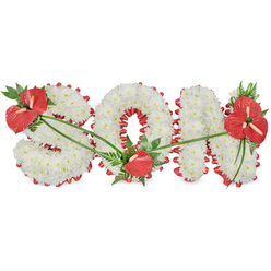 This photograph features a carefully composed floral memorial that spells out "SON" in three bold, freestanding letters, designed as a touching tribute for a funeral or remembrance service. Each letter is formed on a sturdy base and covered completely with pristine white chrysanthemums, arranged densely so that they form a plush, cushion-like surface. The petals create a soft texture that looks almost like fresh snow, lending a feeling of purity and calm to the arrangement. Encircling the edges of the 'S', 'O', and 'N' is a rich red satin ribbon, expertly folded into a scalloped trim that hugs every curve and straight edge. This ribbon not only defines the shapes against the white background but also introduces a deep, emotive colour that suggests love, devotion, and respect. Vivid red anthuriums, with their smooth, heart-shaped spathes and prominent spadices, are positioned in three distinct clusters to punctuate the design. On the upper left curve of the 'S', a cluster of anthuriums is nestled among dark green leaves, drawing the eye to the beginning of the word. At the base of the 'O', a single anthurium rests quietly amidst the white blooms, like a private moment of remembrance. On the upper right of the 'N', a more generous spray of several anthuriums, ferns, and broad greenery provides a final flourish. Slim green stems and leaves arc gently across the letters, visually tying the clusters together. Imagined as a piece created by a local Mill Hill florist for a service near Mill Hill Broadway or a chapel along The Ridgeway, this SON flower tribute offers a serene, heartfelt way to express love and loss for a cherished son, bringing a sense of dignity and comfort to the occasion.