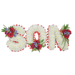 Arranged with attentive care and quiet artistry, this floral composition spells SON in bold, sculpted letters, each one densely covered in pristine white chrysanthemums whose tiny petals create a cloud-like, tactile surface. The letters rest on a white backdrop under soft, natural light that brings out the chrysanthemums' subtle sheen and the shadowed contours between blooms. A bright red satin ribbon trims every letter in a scalloped, pleated edge, the vivid colour drawing the eye and providing a reassuring frame to the pale flowers. At three points-top left of the 'S', bottom centre of the 'O', and top right of the 'N'-lie modest, elegant clusters composed of deep red roses, tall blue-purple spikes (reminiscent of Liatris or delphinium), and lush dark green foliage including fern-like leaves and slender trailing greenery. The roses lend a velvet softness and faint, sweet perfume while the blue spikes add vertical rhythm and a touch of cool colour. The combination of white, red and blue-purple communicates purity, enduring love and peaceful remembrance. This is the kind of personalised tribute chosen to honour a beloved son at a funeral service, wake or graveside, designed to comfort mourners with its clean lines, classical palette and the reassuring craftsmanship of a local florist familiar with Mill Hill mornings and neighbourhood services.