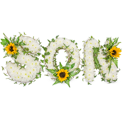 This carefully composed memorial arrangement spells out the word SON in strong capital letters, each formed from a dense mass of pristine white chrysanthemums whose small, cushion-like heads give the letters a cloud-soft texture. Winding through the white blooms are deep green ivy vines with their familiar lobed leaves, combined with delicate fern fronds and pointed foliage that carve definition into each letter and provide a living, layered backdrop. Three bold sunflowers - their golden-yellow petals radiating from rich, dark brown centres - are placed as intentional focal points: one perched on the upper-left curve of the 'S', one settled low within the inner curve of the 'O', and a third bright bloom accenting the upper-right of the 'N'. The contrast of bright sunflowers against the sea of white and green suggests comfort, hope and the warmth of cherished memories. The piece is professionally photographed on a clear white background so every petal, vein and leaf edge reads with clarity under soft, even light; the image conveys both the care of skilled floristry and the quiet dignity suited to sympathy flowers. As a Mill Hill florist familiar with local services around Mill Hill Broadway and The Ridgeway, Flowers Mill Hill gently recommends this kind of personalised tribute for funerals, memorials or a family service where the loss of a son is honoured with both sorrow and tender remembrance.