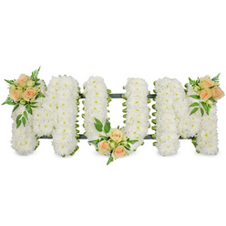 The image features a beautifully composed funeral flower arrangement that spells out "MUM" in large, tidy block letters, laid out across a bright white backdrop so each petal and leaf is visible. Every letter is built from a dense blanket of white spray chrysanthemums, with hundreds of tiny blooms nestled together to create a smooth, velvety surface that feels soft and gentle, like a floral cushion. The clean white of the flowers suggests purity, respect, and peace. At the edges, a dark green frame and ribbon discreetly trace the outline of the letters, adding structure and definition, and subtly contrasting with the pale blossoms. To bring warmth and personality to the tribute, three accents of roses in soft peach and blush pink shades have been thoughtfully arranged. One cluster rests on the upper left section of the first "M", another sits neatly at the lower middle of the "U", and a third adorns the upper right section of the last "M". These rose groupings combine open blooms with smaller buds, surrounded by fern-like greenery and richer shaded leaves that add depth, movement, and a fresh, garden-inspired feel. The overall impression is one of tenderness and quiet dignity, perfectly suited to a funeral, cremation, or memorial service for a much-loved mother. It is the kind of tribute a family in Mill Hill might choose when they want their floral tribute to speak softly of gratitude, love, and treasured memories, as it rests near the front of a local chapel or crematorium during a final farewell.