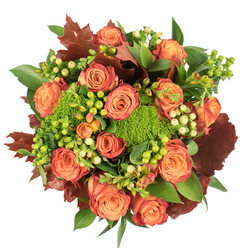 Arranged in a dense, circular form and photographed from above on a stark white ground, this bouquet celebrates autumn through a rich tapestry of colour and texture. The central focus is a cluster of large, fully bloomed roses whose petals shift from a gentle, warm peach at the centre to coral and deep orange, with some outer edges tinged in a rusty red that echoes fallen leaves. Threaded between these classic blooms are handfuls of Hypericum berries - some neon-tinged lime, others a soft creamy yellow - their smooth, rounded shapes providing playful punctuation and bright points of visual relief. Nestled low within the composition, cushions of Green Trick dianthus offer a moss-like density: vivid, velvety little globes that introduce a surprising, almost forest-floor quality. Scattered throughout are broad, glossy green leaves that lift and separate the flowers, while larger, lobed leaves in deep garnet and russet add an autumnal silhouette reminiscent of park trees on cold afternoons. The bouquet feels tactile and fragrant; the roses lend a soft, classic perfume, the greenery a fresh, green note, and the dried-coloured leaves a whisper of earth. It's the sort of arrangement I'd choose for an intimate Thanksgiving dinner in Mill Hill Village or to welcome friends after a walk around Mill Hill Park - a generous, comforting composition that captures the season with skillful balance and a warm, home-centred spirit.