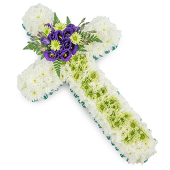 A serene, cross-shaped funeral tribute is displayed in full against a stark white background, showcasing a harmonious blend of white, green, and purple flowers that would be at home in any Mill Hill memorial setting. The cross itself is generously padded with pure white spray chrysanthemums, their petals small, plentiful, and slightly feathery, creating a thick, soft-looking surface that fills the arms and length of the design. Around the edge, a neat border of vibrant green ribbon or layered foliage follows the contours of the cross, emphasising its symbolic shape and adding a fresh, garden-like feel reminiscent of the greenery along Mill Hill Broadway and nearby parks. The vertical stem features a central panel of lime green button chrysanthemums, forming a subtle stripe that gently guides the eye from the top down toward the base. Over this green section, delicate pale green decorative wires are artfully laid in a relaxed criss-cross pattern, introducing a refined, handcrafted element, like fine stitching on a cherished garment. At the intersection where the arms meet, a compact cluster of accent flowers marks the heart of the tribute. Deep purple lisianthus (eustoma) blossoms, with their velvety, layered petals and darker centres, nestle against bright lime green chrysanthemums that mirror the stripe below, while dark green fern fronds and small leaves fan out behind them to create depth and a soft frame. This floral cross is both traditional and quietly modern, making it a fitting choice for Christian funerals, wakes, or cremation ceremonies in Mill Hill's churches and chapels, where families seek a gentle, meaningful expression of farewell.