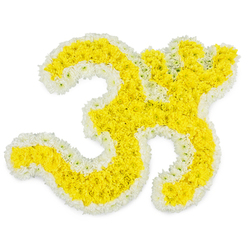 This image shows a serene, spiritually resonant floral arrangement shaped into the Om symbol, created with the quiet precision of an experienced florist. Against a spotless white backdrop, the sacred character appears almost to float, formed entirely from fresh yellow and white flowers. Inside the symbol, the broad strokes and curving lines are filled with golden-yellow blooms, probably small chrysanthemums or marigolds, their rounded heads nestled tightly together. The overlapping petals form a soft, textured surface that looks both rich and inviting, like a bed of petals carefully laid in honour of a loved one. Tracing the outer edges, a clean, continuous border of pure white blossoms defines each contour-from the generous lower curves to the upper crescent and the small circular element above-giving the Om its clarity and quiet strength. The white petals add a sense of purity and stillness, balancing the sunny warmth of the yellow with a more reflective mood. The lighting is bright and even, typical of a thoughtfully staged studio in Mill Hill, bringing every petal into sharp, delicate focus without harsh glare. You can imagine the hushed atmosphere as the last stems were adjusted, perhaps not far from the gentle bustle of Mill Hill Broadway and the green calm of Mill Hill Park. As a funeral tribute, this floral Om feels deeply personal and respectful, a fitting centrepiece for a farewell ceremony that honours both spiritual tradition and the individuality of the person remembered. It speaks softly of prayer, meditation, and the enduring comfort of faith during times of grief.