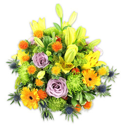 Presented on a pristine white ground, this densely packed floral composition balances exuberance with considered restraint, a bouquet I would prepare often at Flowers Mill Hill for neighbourhood deliveries across Mill Hill and the NW7 area. Upright yellow Asiatic lilies form a luminous pillar through the centre - some fully unfurled to reveal speckled throats and pollen-dusted stamens, others elegant, pointed buds that promise opening in the days ahead and lend vertical movement. Nestled amid those lilies are pale lavender roses whose soft fragrance and spiralling petals calm the arrangement with classic romance. Bright orange Gerbera daisies provide sunburst focal points, their broad faces and dark centres energising the eye, while lime-green button chrysanthemums create plush, textured pockets that make the bouquet feel generously full. Tiny spherical orange and golden accents, reminiscent of Craspedia or miniature pom-pom blooms, bring playful punctuation and contrast against the larger faces. Several steely blue-grey thistles (Eryngium) push out from lower angles, their spiky, architectural forms offering a cool counterpoint to the warm palette and lending a contemporary edge. Mixed foliage - glossy, broad leaves and smaller, rounded fillers - frames the flowers and gives the arrangement a garden-fresh depth. Under soft studio lighting, the colours read clean and vibrant; the scent is quietly heady from the lilies and roses. This piece suits celebratory tables, thoughtful get-well deliveries to local GP surgeries, or an uplifting gift for friends around Mill Hill Village and Mill Hill Broadway, where a bouquet like this will feel both celebratory and comfortingly familiar.