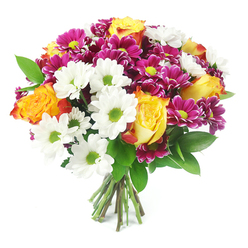 Captured against a bright white background, this mixed bouquet radiates colour and warmth, arranged in a rounded, almost spherical shape that showcases the skill of Flowers Mill Hill. At its heart, several sumptuous bi-colour roses steal attention, their petals glowing from a sunny golden yellow in the centre through rich orange tones to a delicate touch of reddish-orange at the tips, evoking the warmth of a late afternoon walk across Mill Hill Fields. Encircling these roses, crisp white daisy-like chrysanthemums with electric lime-green middles form a clean, bright frame, their fine petals fanning out with precise regularity. Threaded throughout the whites, clusters of small magenta and fuchsia chrysanthemums add a bold, saturated counterpoint, their plush, multi-petalled heads and vivid yellow-green eyes adding texture and a sense of layered richness. Deep, glossy foliage similar to ruscus pushes through the flowers at different points, its darker green tones grounding the brighter hues and giving the bouquet a natural structure. The stems are visible at the bottom, tightly bound and freshly cut, fanning slightly against the white surface like a neat bundle about to be placed into a favourite vase on a table near Mill Hill East Station or along the Ridgeway. Soft, even lighting brings out every curve of a rose petal and the fine texture of each chrysanthemum, while the overall impression is one of cheerful elegance and heartfelt intention-perfect for same-day delivery to celebrate milestones, send thanks, or simply bring a burst of colour into a quiet Mill Hill living room.
