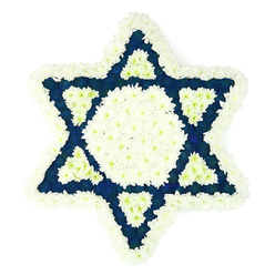 This photograph shows a large, elegant Star of David floral arrangement, presented against a clean white background so its intricate structure stands out clearly. The six-pointed star is framed by a wide border of pure white chrysanthemums, each bloom tightly nestled against the next to create a soft, padded outline that feels gentle yet precise. Inside this snowy frame, a central hexagon of white flowers forms the heart of the design, serene and unbroken. From that centre, six triangular arms extend to create the classic Magen David shape, each one filled with densely packed deep blue or indigo blossoms that add weight, depth, and a sense of reverence. At the inner base of each blue point, there is a smaller white triangular section, carefully sculpted from matching white blooms, so that white and blue appear to interlock across the face of the tribute. The interplay of cool whites and dark blues recalls the colours often seen in Jewish ceremonial textiles and flags, while the lush, full textures suggest the flowers have been freshly arranged for a funeral or memorial in Mill Hill, perhaps destined for a service near Mill Hill East or a family home close to the green spaces around Arrandene Open Space. The absence of any distractions in the background allows the emotional weight of the piece to come through: it feels like a quiet, steadfast expression of love, tradition, and remembrance. This type of floral Star of David would be chosen to accompany a coffin, stand by a memorial photograph, or offer comfort to mourners sitting shiva in the local Jewish community.