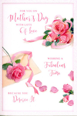 This Mother's Day card features a heartfelt, rose-filled design that looks as though a Mill Hill florist has carefully scattered fresh blooms across a crisp white table. At one side, a generous grouping of pink roses anchors the composition, their petals layered in soft spirals from the centre outward, creating a plush, almost cushion-like texture that invites the imagination to touch. The colour palette gently shifts between pale blush, warm shell pink, and a more saturated rose tone, capturing the natural variation found in garden roses growing in sheltered corners near Mill Hill Park. Delicate petals are placed around the main cluster, some lying flat, others slightly curled as if they have just fallen from the flowers, bringing a sense of movement and spontaneity. Threaded gracefully through the scene is a narrow, pastel ribbon, its fluid line tying the scattered elements together visually, much like the finishing tie of a hand-crafted bouquet ready to travel along Flower Lane or down to Mill Hill East. The background remains uncluttered and bright, letting the pinks glow softly and creating an atmosphere of quiet celebration. Flowing calligraphy expresses a warm Mother's Day sentiment, the gentle curves of the letters echoing the rounded shapes of the petals and reinforcing the theme of love and appreciation. The image feels intimate and comforting, like the moment you set a bouquet and card on the kitchen table before the household wakes, a small but meaningful gesture for a much-loved mum in Mill Hill.