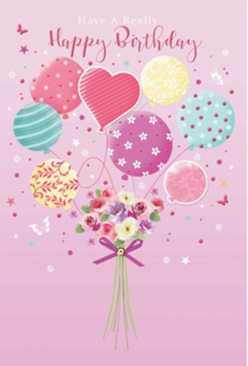 Above a blush-pink backdrop reminiscent of a calm evening sky over Mill Hill, this birthday card design stages a delightful meeting between balloons and blooms. Rising from the lower edge of the image, a cluster of pastel balloons floats upward as though gently tugging a bouquet off toward the rooftops near Mill Hill East. The balloons come in soft rosy pinks, cool teals, lemon yellows, and gentle purples, each adorned with its own festive pattern: candy-like stripes, scattered polka dots, and looping swirls that bring to mind party ribbons fluttering in the breeze. At the point where you'd expect to see the balloon strings gathered, a fresh hand-tied bouquet appears instead, bridging illustration and floristry. Petite roses and daisy-like flowers in shades of cream, blush, and mauve nestle together, their petals delicately shaded and layered so you can almost sense their velvety softness. A neat purple satin bow finishes the bouquet, its shimmering loops adding a touch of refinement similar to a carefully tied ribbon on a gift collected from a local shop near Mill Hill Broadway. The light in the artwork seems soft and pervasive, glazing the balloons with a gentle sheen and giving the petals a natural, luminous quality. Tiny stars and perhaps a few butterflies hover around the arrangement, enhancing the sense of magic and carefree celebration. While the illustration is playful, the composition reflects a professional florist's understanding of colour harmony and proportion, making this birthday design feel both charming and thoughtfully composed-perfect for sending warm wishes across Mill Hill, from quiet residential streets to the busy station.