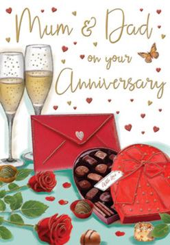 The anniversary card design presents a romantic still life that could easily sit on a dining table in Mill Hill, moments before an evening celebration begins. Two red roses, richly shaded in deep crimson, lie at the forefront with their velvety petals gently overlapping, framed by fresh, dark green leaves that suggest they have just been arranged by a careful local florist near Mill Hill East. Nestled close to the roses is a heart-shaped chocolate box, its smooth lid partially lifted to reveal glossy chocolates within; an extravagant red bow crowns the lid, its satin ribbon trailing across the surface like a finishing flourish on a gift chosen with love. Behind this, two elegant champagne flutes stand together, filled with golden sparkling wine; delicate bubbles shimmer upwards, and the slim stems catch highlights as though reflecting evening light filtering in from a window overlooking Mill Hill Park. Dotted around the composition, tiny red and gold hearts float across a soft-toned background, encircling affectionate "Mum & Dad" lettering that feels as though it has been handwritten with genuine warmth. Off to one side lies a deep red envelope, aligned at a slight angle, hinting at a personal message-perhaps promises for the years ahead or memories of family gatherings around Mill Hill Broadway. The overall effect is lush yet intimate: the imagined scent of fresh roses, the allure of fine chocolates ready to share, and the gentle sparkle of champagne create an atmosphere of gratitude, romance, and long-lasting partnership, perfectly suited to a special anniversary evening in Mill Hill.