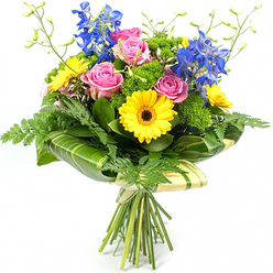 This image shows a beautifully balanced bouquet standing upright against a pure white background, allowing every bloom and leaf to be clearly appreciated, as if on display in a Mill Hill florist window. At its heart, several pink roses open in generous spirals, each layer of petal overlapping the next, giving a plush, romantic texture that feels soft even without touching. Interlaced with them, bright yellow gerbera daisies burst forward, their daisy-like petals arranged in a perfect ring around deep brown centres, bringing a lively and uplifting character to the design. Reaching upwards behind the central flowers, tall stems of deep blue delphinium create elegant, vertical lines; each spike is dotted with many individual florets, offering a cool-toned contrast to the warm pinks and yellows below. The bouquet is set into a bed of abundant greenery: delicate, fern-like fronds emerge from the edges, softening the outline, while bright green, almost mossy filler foliage builds depth and visual weight throughout the interior. Large, glossy leaves, some featuring understated stripes of lighter green, are expertly curved around the base of the blooms, forming a sleek, natural collar that gives the arrangement a contemporary feel. From the top, fine, light green stems tipped with tiny buds stretch upward, contributing a sense of airiness and unfinished freshness, as though the bouquet has just been gathered from a garden near Mill Hill Park. The stems are drawn together neatly at the base and wrapped in a pale, lightly textured material, secured with a simple tie. The overall look is joyful yet refined, an ideal floral gift for birthdays, congratulations, or thoughtful gestures delivered to homes and offices around Mill Hill and the surrounding North London area.