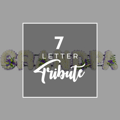 The image presents a beautifully balanced funeral design, starting with a muted grey background that gently recedes, allowing the central elements to stand out. At the heart of the composition is a dark grey square with a slim white outline, giving it the appearance of a refined announcement card. Inside this square, white text reads "7 LETTER Tribute" in three lines: a prominent "7" at the top, "LETTER" in smaller sans-serif capitals, and "Tribute" in a flowing script that softens the geometry with a touch of emotion. Behind and slightly beyond this square, a floral letter arrangement spelling "GRANDAD" stretches from left to right, though only portions of each letter are visible. The letters themselves are meticulously formed from a dense layer of white chrysanthemums or similar blooms, tightly clustered to create a plush, even surface that conveys purity and peace. Nestled within this snowy base are clusters of purple flowers-likely lisianthus or small roses-along with sprigs of glossy green foliage. These accents bring subtle richness and movement to the tribute, echoing the kind of tasteful colour choices families in Mill Hill often request for dignified services near Mill Hill Broadway or the surrounding chapels of rest. The contrast of white, purple, and green against the grey background keeps the focus firmly on the tribute word "GRANDAD", even though part of it remains behind the text panel. Visually, the design speaks of love, gratitude, and respect for a grandfather, suggesting a custom funeral arrangement crafted with care and available for local delivery across Mill Hill and nearby North West London neighbourhoods.