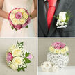 This collage of four wedding florals feels like a love story unfolding in snapshots, the kind of styling often requested by couples marrying around Mill Hill Broadway or the leafy lanes near Mill Hill Park. In the top-left frame, a bride in an ivory dress with fine lace detailing holds a classic, rounded bouquet close to her midline. The arrangement is tight and luxurious, filled with cream and pale yellow roses interlaced with blush-pink and mauve-toned roses, their velvety petals cupping one another in gentle spirals. Clusters of white baby's breath and small glimmers of green foliage give the bouquet a soft halo, as though it is glowing against the smooth fabric of her gown. The top-right frame zooms in on the groom's boutonniere: a single, immaculate white rosebud is pinned neatly to a charcoal suit jacket, sitting against a bright red silk tie that adds a modern, confident edge. Fine sprays of white filler flowers and glossy greenery cradle the rose, while a petite white satin bow at the stem base hints at traditional romance. In the bottom-left frame, a bridesmaid's bouquet rests on an off-white, textured linen surface, evoking the calm of a dressing room before the ceremony. Cream and pale yellow roses nestle among richer pink blooms, surrounded by abundant white filler flowers and relaxed green leaves, their stems wrapped in a pink and white striped ribbon that feels youthful and bespoke. The bottom-right frame showcases a compact centerpiece: the same rose mix perched on a sculptural, white twig sphere, flanked by two smaller woven orbs on a clean white surface, suggesting the welcoming elegance of a Mill Hill reception table styled with understated, natural charm.