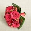 A luxurious hand-tied bouquet of deep red roses and berries rests on a soft, light beige fabric, its fine texture reminiscent of elegant table linens in a Mill Hill townhouse. The compact cluster of roses, around five or six blooms, is captured from a slightly elevated angle, so you sense their rounded, domed shape as the velvety petals unfurl from tight crimson centers into wider scarlet curls. Each rose appears freshly opened, with that subtle, matte sheen that signals peak bloom and a gentle, classic fragrance. Threaded between the roses are small clusters of glossy Hypericum berries in shades of rich red and reddish-pink, each bead-like berry catching the light and giving the arrangement a playful sparkle. Broad, dark green tropical leaves are carefully wrapped and curled around the base, their smooth, almost leathery surface and visible veins forming a natural collar that cradles the flowers. Around the stems, a rich red satin ribbon is pulled snug and neat, its sheen echoing the glow of the petals and hinting at careful craftsmanship by an experienced florist. The neutral, creamy-beige background keeps all attention on the lively reds and lush greens, while the gentle, even lighting softens any shadows and creates a calm, romantic mood. This image feels ideal for imagining a groom's statement boutonnière, a compact bridesmaid bouquet for a Mill Hill wedding near Arrandene Open Space, or a refined gift delivered across NW7 to mark an anniversary or private moment of affection, its rich colours speaking clearly of love and warmth even in a small, intimate design.