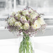 This photograph presents a soothing sympathy bouquet, as you might find resting on a sideboard in a quiet Mill Hill home. A clear, cylindrical glass vase sits on a bright white surface, holding a full, symmetrically arranged gathering of creamy white roses and soft purple statice. The roses, around two dozen in total, are in various stages of bloom: some are still held in tighter, spiralled buds, while others have fully opened to reveal layers of velvety petals unfolding in soft curves. A faint wash of pale green tinges the outermost petals, lending a natural, freshly-cut appearance that suggests they were prepared not long ago by a careful local florist such as Flowers Mill Hill. Among these roses, delicate stems of lavender-coloured statice unfurl, their tiny clustered flowers creating a mist-like frame around and between the larger blooms. The statice adds both colour contrast and a fine, feathery texture, echoing the gentle variety of plantings you might see along Mill Hill Broadway or near local gardens. Through the transparency of the vase, you can clearly see the straight green stems, neatly trimmed and standing in clear, clean water that catches soft reflections of the light. The entire scene is illuminated by natural, diffused light that spreads evenly across the bouquet, casting mild, blurred shadows and bringing out the cool tones of the whites and purples. The background remains out of focus, rendered as a simple blend of soft greys and whites, ensuring nothing distracts from the calm beauty of the flowers. The mood conveyed is one of quiet remembrance and heartfelt sympathy, perfectly suited for expressing condolences and offering gentle comfort to families in and around Mill Hill during times of loss.