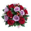 This image shows a hand-gathered, dome-shaped bouquet seen from a slightly elevated angle, where a compact cluster of roughly ten to fifteen fully opened roses forms the heart of the arrangement. The roses alternate between deep, velvety crimson and a gentle lavender-mauve, their spiralled centres unfurling into soft, layered petals that catch the light and invite touch. Between the blooms, glossy dark-green foliage-likely ruscus or similar evergreen leaves-frames each rose, its smooth, reflective surfaces adding depth and a cool contrast to the warm flowers. Scattered through the spray are dozens of small, bright orange-red berries that resemble rose hips; their glossy, bead-like texture gives the bouquet a hint of woodland spontaneity and a cheerful punctuation against the more refined petals. Near the lower centre, tucked beneath petals and leaves, a small white gift tag peeks out; the single word flower is written across it in a playful, elegant red script, a personal, handcrafted touch suggesting a thoughtful gift. Soft, neutral lighting from above and slightly to the side throws gentle shadows into the petals' folds, accentuating the bouquet's domed silhouette and the tactile curl of each petal. The overall impression is one of romantic sophistication with a touch of wild garden charm-perfect for an intimate anniversary, a birthday in Mill Hill, or an understated Valentine's gesture. The composition reads as both classical and contemporary, balancing passion and poise in a way that will feel familiar to anyone ordering fresh flowers locally around Mill Hill Broadway or the Village.