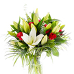 This radiant bouquet reads like a quiet love letter in bloom: a single, large creamy-white Oriental lily opens at the centre, its smooth, waxy petals curving back to show a pale yellow stamen and a cool green pistil that anchor the composition. Around that central bloom a chorus of lime-green and soft yellow lily buds-some tightly furled, others just beginning to part-promise future blossoms and give the arrangement a sense of gentle growth. Scattered among the lilies are velvety red rosebuds and small roses, their deep crimson petals still mostly curled, each one a whispered note of passion against the lily's serene purity. The floral mass is woven through with layers of foliage-broad, dark forest-green leaves that provide structure and depth; long, feathery palm fronds in a brighter emerald tone that arc outward and suggest movement; and slim stems of silvery eucalyptus whose rounded leaves add a cool, textured contrast. All of this sits in a simple cylindrical clear-glass vase, the pale green stems visible underwater, the clarity of the water and glass lending a fresh crispness to the whole. Photographed against a bright white backdrop, the colours read with clarity and lightness: the white lily feels luminous, the reds more vivid, and the greens more lush. Imagine the scent-a soft, intoxicating mix of lily powder and rose sweetness-and the feeling this arrangement brings: purity tempered with ardour, quiet celebration made tangible. As a florist serving Mill Hill and neighbouring streets like Mill Hill Broadway and The Ridgeway, I see this as a thoughtful gift for anniversaries, quiet congratulations, or as an elegant centrepiece that brings classic romance into any room.