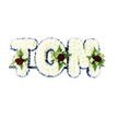 A tender, chapel-ready tribute spells out the name 'TOM' in three-dimensional letters formed from dense, pillowy white chrysanthemums. Each petal nestles closely to create a cloud-like surface, the chrysanthemums' soft textures catching a cool, diffused light that gives the letters a calm, almost luminous presence. A neat royal-blue ribbon crisply traces the outer edges of every letter, providing a dignified contrast that sharpens the silhouette and lends a measured formality to the composition. Thoughtfully placed within the lower and central portions of the 'T', 'O' and 'M' are small, symmetrical sprays: a single deep red rose anchors each cluster, its velvety bloom a poignant focal point of love and remembrance. Creamy ivory spray roses and slender fern fronds weave around the red roses, their pale petals and feathery greens adding soft depth, subtle scent and a natural rhythm across the white field. A discreet dark green or black metal support is visible beneath the arrangement, a practical reminder of the careful construction needed to present the letters upright at a service. Set against a plain white background, the colours read clearly-the white chrysanthemum mass, the royal-blue edging, the blood-red roses and fresh green foliage-so the arrangement can speak quietly and directly during a funeral or memorial. As a local florist familiar with Mill Hill's chapels and churchyards, I picture this piece resting by a lectern or beside a photograph, its composition balanced to offer comfort: a handcrafted, personal farewell that blends restraint with heartfelt expression and that can be prepared for local services in and around Mill Hill.