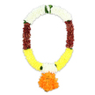 Captured in clear, even light against a pure white backdrop, this traditional artificial mala for funeral and tribute services hangs in a graceful, symmetrical U-shape, every colour transition thoughtfully composed. The top portion is formed from densely packed white petals, giving a pillowy, cloudlike effect that instantly conveys purity, peace, and a gentle sending-off. Scattered within this white band are delicate touches of bright green foliage, subtle but effective in adding a living, natural feel that echoes the mature trees and quiet green corners around Mill Hill Broadway and Bittacy Hill. As the garland curves downward, the white tones deepen into defined maroon segments, where the dark reddish-brown petals introduce a sense of solemnity and grounded emotion. These maroon bands gradually open into broad swathes of yellow petals, their warm glow reminiscent of candlelit vigils or soft evening light over Mill Hill Park. Embedded in this yellow arc on both sides, small white clusters reappear, creating moments of visual rest and gently leading the eye to the centre. From the lowest point of the U hangs a striking pendant: a perfectly rounded ball of vivid orange petals, as plump and full as a ceremonial marigold, symbolising devotion and remembrance. The artificial petals throughout are layered with care, producing a plush, voluminous texture that closely mimics fresh garlands while remaining robust enough for transportation and extended services. Ideal for temple offerings, chapel tributes, or remembrance ceremonies across Mill Hill and the surrounding area, this garland's measured blend of white, maroon, yellow, and orange offers a respectful, culturally rooted way to honour someone's memory.