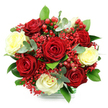 A carefully composed bouquet, photographed against a pure white background, reveals a harmonious play of colour and texture that feels at once romantic and festive, as though prepared for a special evening in a Mill Hill home. At the centre, deep red roses in full, velvety bloom dominate the design, their petals curling outward in dense, layered spirals that suggest both passion and craftsmanship. Interspersed between these are creamy white and softly yellow-tinted roses, whose smooth, luminous petals temper the intensity of the red and evoke a gentler, more tender emotion. Filling the spaces around the larger blooms, fine clusters of tiny scarlet flowers-reminiscent of dyed red gypsophila-thread delicately through the arrangement, creating a light, cloud-like texture that enhances the bouquet's rich crimson theme. Small clusters of glossy red hypericum berries push up from the greenery, their rounded shapes and polished surfaces adding depth, movement, and a subtle hint of seasonal cheer that would not look out of place on a Mill Hill Broadway celebration table. Encircling the flowers, lush dark green leaves provide structure and contrast, while rounded eucalyptus leaves, tinged silvery-green, soften the edges and add a modern, airy touch, much like the foliage seen in local gardens along Daws Lane. The bouquet appears to be gathered in a clear, glass-like container, with the lower portion wrapped in a neat band of green and white check that suggests a ready-to-gift arrangement suited to same-day delivery around Mill Hill. The overall impression is one of intimate elegance, making this bouquet perfect for anniversaries, romantic gestures, or meaningful celebrations shared with loved ones.
