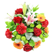 This image shows a vibrant mixed-flower bouquet photographed from above against a spotless white background, giving it the appearance of a perfectly rounded, colourful island of blooms, as though just finished by an expert florist in Mill Hill. Deep red roses are interspersed throughout the centre, their plush, velvety petals arranged in tight spirals, suggesting romance, admiration, and heartfelt affection. Alongside them, full, ruffled red carnations add texture and depth, their many layers of petals softening the composition and creating a sense of comforting abundance. Emerging from this rich red base, star-shaped Oriental lilies open in a delicate blend of blush pink and white, their wide, slightly recurved petals dotted with speckles and framing bold yellow-orange stamens; several unopened lily buds rise above the other flowers, hinting at the bouquet's evolving beauty over the next few days. Cheerful orange and yellow gerbera daisies provide joyful accents, their symmetrical daisy heads with dark centres adding a sunny, optimistic feel reminiscent of bright afternoons along Mill Hill Broadway. Tucked neatly between these larger blooms, small, spherical lime green button chrysanthemums offer a crisp contrast, their neat pom-pom shapes and fresh colour lending a lively, contemporary twist. Surrounding the flowers is a generous layer of foliage, with glossy dark green leaves adding structure and contrast, while softer, silvery-green leaves evoke eucalyptus and bring a gentle, airy elegance to the edges. The lighting is even and soft, emphasising the freshness and natural sheen of each element. Overall, the bouquet feels celebratory, warm, and versatile, perfectly suited to birthdays, anniversaries, congratulations, or simply brightening a Mill Hill home or office with a same-day flower delivery that brings a burst of colour and joy indoors.