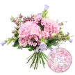 The photograph showcases a joyful birthday bouquet and balloon duo, set against a pristine white background that brings every colour and curve into sharp focus, similar to the clear, bright light that floods many homes around Mill Hill Broadway. The bouquet is hand-tied and generously rounded, built around several large, plush heads of blush pink hydrangea. These hydrangeas form soft, domed clusters, their countless small petals overlapping until the blooms resemble clouds of petals. Nestled among them, soft pink roses appear at different stages of their life: open flowers reveal their spiralling hearts, while closed buds hold tightly to their petals, hinting at future blossoms and giving the arrangement a sense of unfolding time. Fine sprays of tiny fuchsia-pink flowers, likely waxflower or an equivalent filler, run through the bouquet, offering flecks of intense colour and a delicate, textural contrast that suggests an affectionate, garden-inspired touch. Rising between the main blooms, slender campanula stems hold bell-shaped flowers in shades of lavender and periwinkle, their cool tones gently balancing the warmth of the pinks while adding graceful height. Around the flowers, verdant green foliage in varying shapes - from slender, tapering leaves to more substantial greenery - wraps the bouquet in freshness, grounding the soft pastels with natural depth. The stems below are neatly gathered, clearly hand-tied, ready for the recipient to place straight into a vase in their Mill Hill home. To the lower right of the arrangement, a round foil Happy Birthday balloon gleams softly. It is printed all over with tiny roses and buds in pink, cream, and lavender, reflecting the bouquet's colour story, and carries the words Happy Birthday in refined purple script at its centre, completing a perfectly coordinated, celebratory gift.