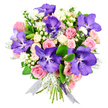 A beautifully composed bouquet is displayed against a crisp white backdrop, creating a striking contrast that highlights each bloom with almost painterly detail. At the heart of the arrangement, large Vanda orchids with broad, velvety petals in deep purples and inky blues provide a bold focal point, their surfaces marked with delicate speckles and slender veins that suggest tropical sophistication. These dramatic flowers rest on a lush bed of pastel pink roses and ivory spray roses, arranged in layers from small, rounded buds to fully open rosettes, each bloom adding softness and an air of classic romance. Among the main flowers, clusters of tiny, daisy-like white blossoms and pristine white hypericum berries offer delicate movement and a pearly, polished texture. Feathery, silvery-grey dusty miller foliage winds through the bouquet, its cool tones gently tempering the richness of the orchids and roses, while dark green, glossy leaves lend structure and a verdant backdrop reminiscent of Mill Hill's leafy residential streets. The stems are gathered into a rounded, hand-tied form and finished with a sheer ribbon that shimmers between silver and mauve, catching the light and unifying the bouquet's refined colour story. The overall impression is one of serene luxury and thoughtful celebration-perfect for expressing love, admiration, or gratitude, whether delivered to a home near Mill Hill East station or to an office close to Mill Hill Broadway. The careful balance of colour, texture, and form reflects the artistry of Flowers Mill Hill, who create bouquets that feel both contemporary and timeless for special moments across the NW7 area.