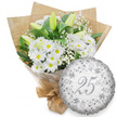 Set against a plain white backdrop, this image showcases a thoughtfully curated 25th anniversary gift: a hand-tied white bouquet accompanied by a round silver foil balloon, both arranged so that their shapes and details are clearly defined. The bouquet, positioned to the left, is composed of numerous white chrysanthemum blooms with daisy-like forms and rich yellow centres that give a gentle glow to the arrangement. Piercing this soft cushion of petals are several tall white lily buds, their smooth, elongated forms dusted with faint green at the tips, suggesting newly prepared, fresh flowers. Between the chrysanthemums and lilies, fine stems of white baby's breath appear in soft clouds, their tiny blossoms adding an ethereal, lacy texture. Around the outer edge, glossy dark green leaves form a supportive collar, giving depth and contrast and echoing the natural greenery found in the gardens and avenues of Mill Hill. The stems are wrapped in a protective layer of clear cellophane and then encased in brown kraft paper, folded neatly around the bouquet and tied at the base, giving the impression of a bouquet ready to be carried along Mill Hill Broadway or delivered by a local florist for an evening celebration. To the right, slightly in front of the blooms, rests a metallic silver balloon. Its round surface is subtly crinkled and decorated with ornate scrolls and floral designs in deeper silver tones, framing the central 25th written in an elegant script. Soft grey repetitions of Happy Anniversary form a background pattern on the balloon, underscoring the milestone being honoured. The combined effect of white flowers and shimmering silver highlights evokes a calm, dignified celebration of a Silver Anniversary for couples in and around Mill Hill.