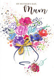 This Mother's Day card captures the spirit of a fresh, hand-tied bouquet in swirling watercolour, as though the scent of spring from Mill Hill's open spaces has been translated into colour. At the centre, lush blossoms in rich cerise, magenta, and rosy pink bloom outward, their shapes softened by washes of deep indigo that define each petal without making the design feel rigid. Among them, cooler blooms in powder blue and lavender mingle with hints of apricot and gentle blush, offering a soothing contrast that brings balance and calm, like a quiet walk near Mill Hill Park at dusk. Fine strokes of metallic gold glint along petals and slender stems, catching the light in a way that recalls sunshine on shopfronts along Mill Hill Broadway. The flowers rise from a rounded vase suggested by delicate, translucent strokes, tied with a graceful hint of a golden bow that speaks to the careful finishing touches added by a local florist. Around the bouquet, splashes of colour and tiny hearts scatter across the clean white background, evoking petals caught in a breeze or the flutter of excitement before giving flowers to Mum. The whole composition feels airy yet intentional, a harmonious blend of vibrant and soft tones that would sit perfectly beside a real bouquet delivered to a home tucked off Bittacy Hill or near Daws Lane. It conveys love, appreciation, and joy in a gentle, contemporary way, making the card not just a message, but a keepsake that mirrors the warmth of Mother's Day in Mill Hill.