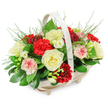 A beautifully balanced funeral flower basket is portrayed against a pure white background, its soft colours and rounded profile intended to bring comfort in a time of loss. The basket is made from light-coloured wood, gently oblong, with small, almost hidden feet raising it ever so slightly, and a smooth, arched handle that curves overhead in a calm, reassuring line. Within, the flowers are arranged into a domed, overflowing mound that fills the basket without appearing crowded. Creamy white roses dominate the eye, their petals fully open and layered in velvety spirals that suggest tranquility and a peaceful farewell. Nestled amongst them are deep red carnations with frilled, textured petals that create depth and convey strong, enduring love. Softer pink carnations and subtle bi-coloured blooms, whose white petals are edged or flecked with red or rose-pink, introduce a gentle warmth, like personal memories woven into the tribute. Delicate white flowers, reminiscent of freesias, are scattered thoughtfully throughout; their bell-shaped blossoms and emerging buds add finer detail and a light, airy quality that softens the arrangement. A base of lush, dark green foliage-with broad, glossy leaves and finer, fern-like fronds-cradles the blooms, giving the whole piece structure and an organic, garden-inspired feel. The mood of this design is calm and respectful, perfectly suited for funerals, memorial services, or condolence deliveries around Mill Hill, from homes tucked near Mill Hill Broadway to addresses closer to Copthall Playing Fields. It is the sort of arrangement a local florist would prepare when asked for something that feels both traditional and heartfelt, a floral tribute that quietly honours a life while offering solace to those left behind.